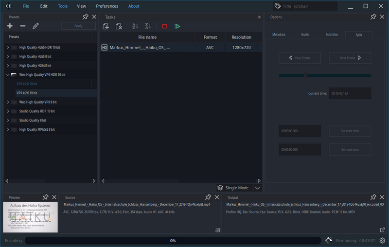 Schermata di cine_encoder